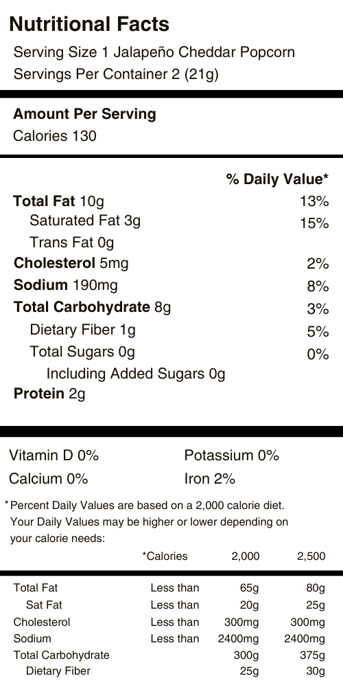 Jalapeño Cheddar Popcorn Nutritional Facts