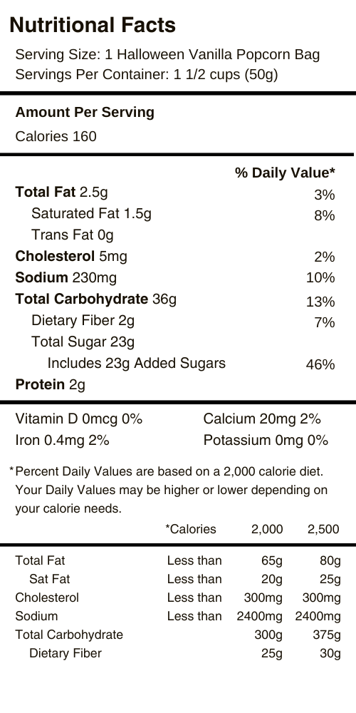 Hearts Vanilla Popcorn Nutritional Facts