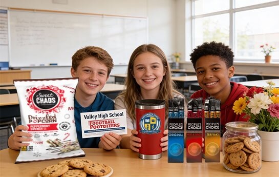 Students holding products