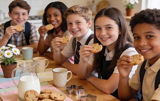 Elementary school students eating chocolate chip cookies